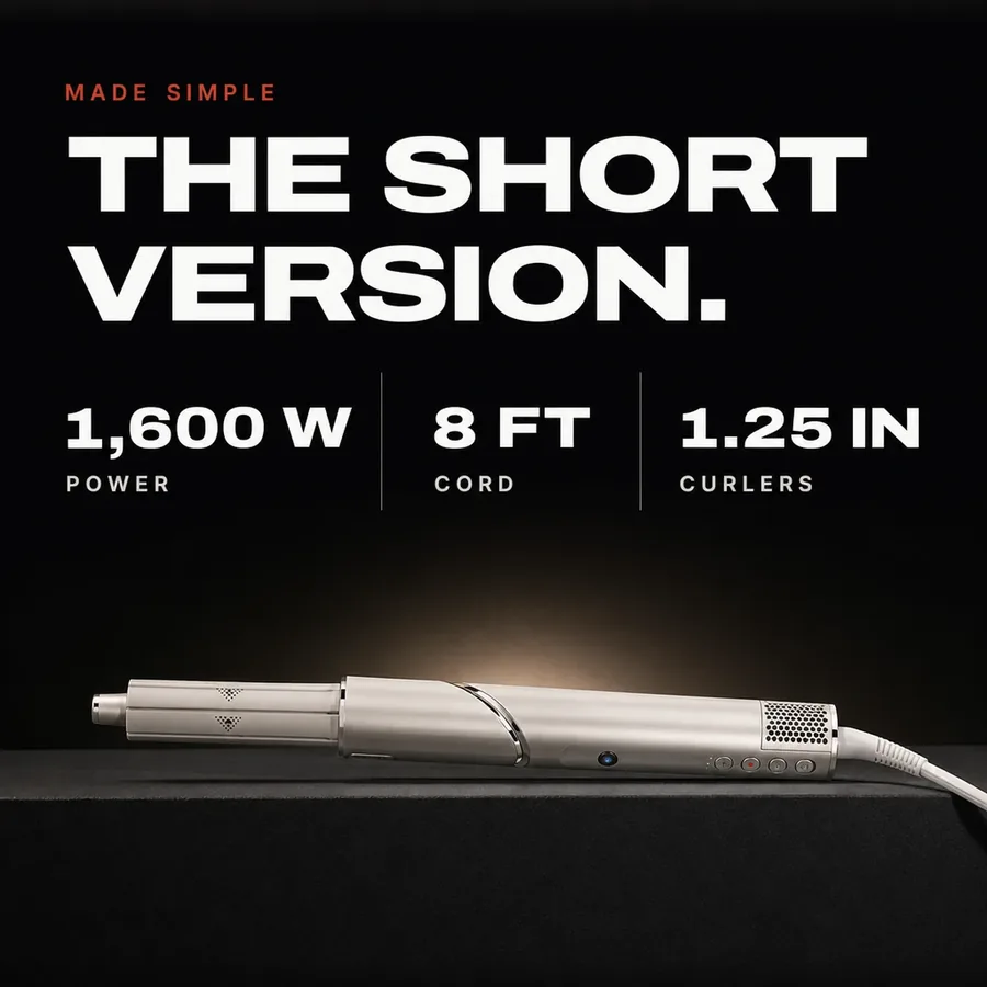 Made simple: 1,600 W of power, an 8 ft cord and 1.25-inch curlers.
