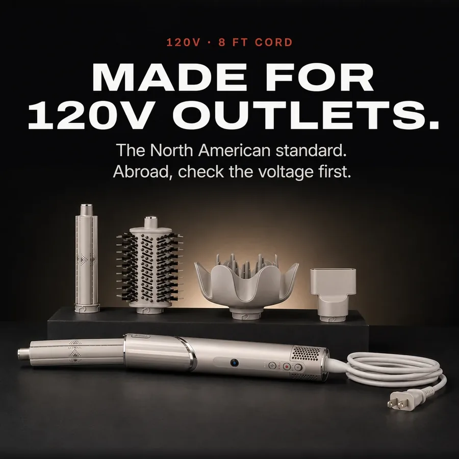 Made for 120V outlets, the North American standard, with an 8 ft cord. Abroad, check the voltage first.