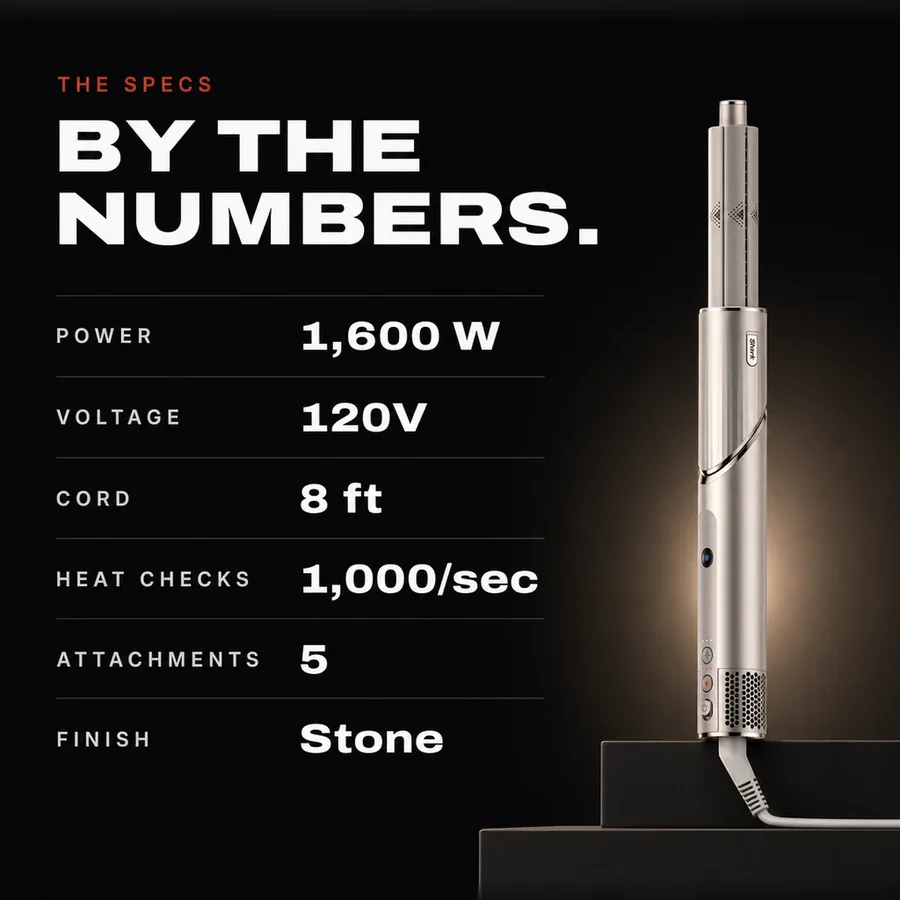 The specs: 1,600 W, 120V, 8 ft cord, 1,000 heat checks a second, 5 attachments, Stone finish.