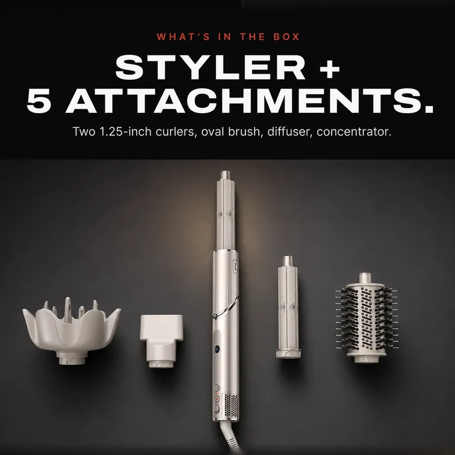 What's in the box: the FlexStyle, two 1.25-inch auto-wrap curlers, an oval brush, a diffuser and a concentrator.