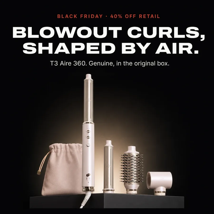 Black Friday, 40% off retail. Blowout curls, shaped by air: T3 Aire 360, genuine, in the original box.