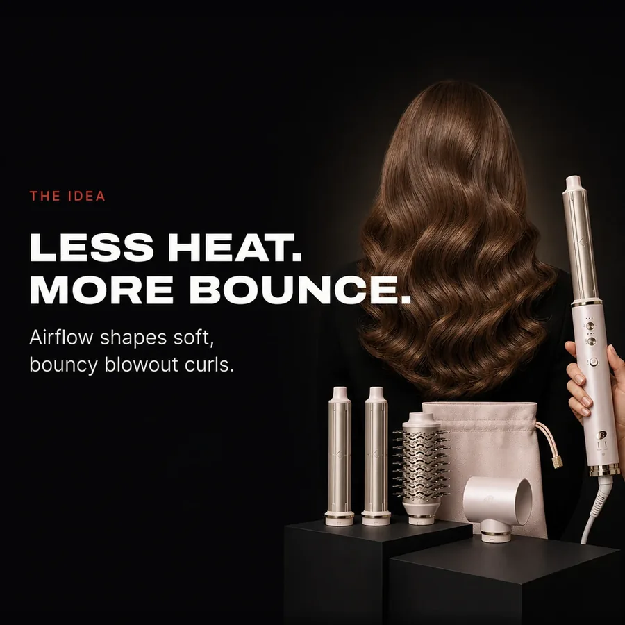 The idea: less heat, more bounce. Airflow shapes soft, bouncy blowout curls.