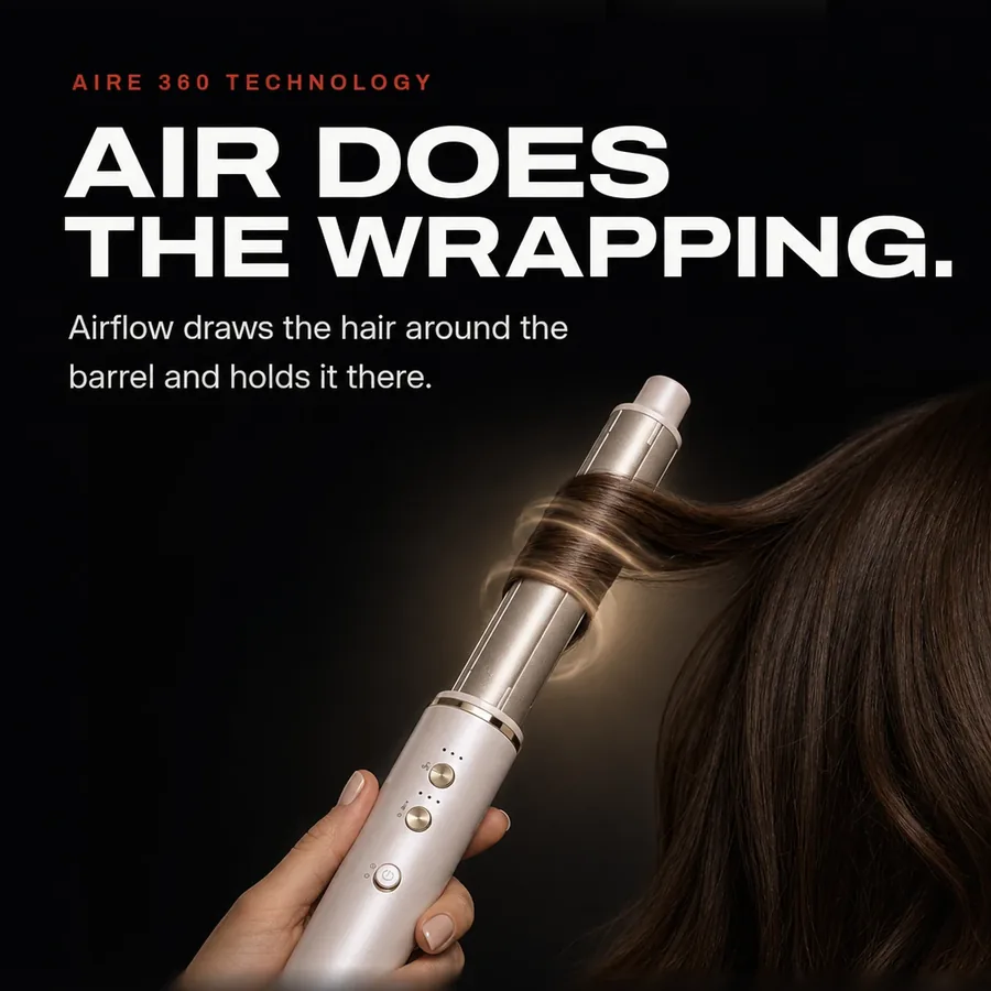 Aire 360 technology: airflow draws the hair around the barrel and holds it there to form the curl.