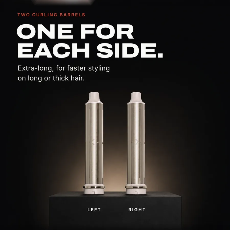 Two curling barrels, one for each side: extra-long, left and right, for long or thick hair.