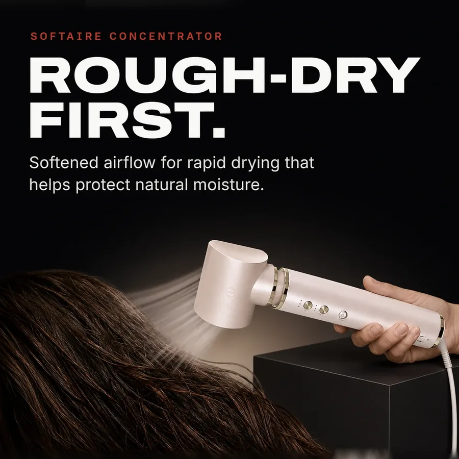 SoftAire concentrator: rough-dry first, with softened airflow that helps protect natural moisture.