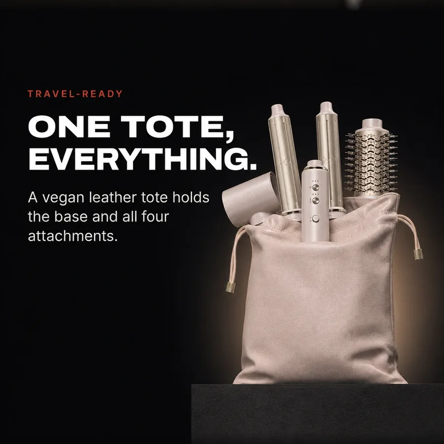 Travel-ready: a vegan leather tote holds the base and all four attachments.