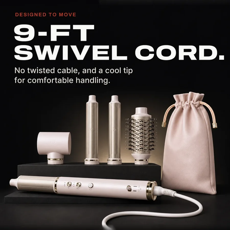 Designed to move: a 9-ft swivel cord that keeps the cable from twisting, and a cool tip for handling.