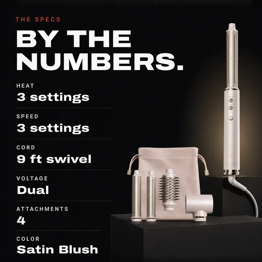 The specs: 3 heat and 3 speed settings, 9 ft swivel cord, dual voltage, 4 attachments, Satin Blush.