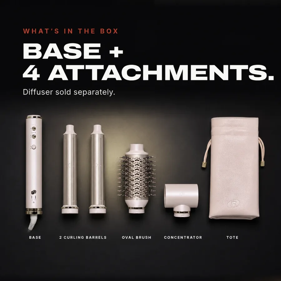 What's in the box: the Aire 360 base, 2 curling barrels, oval brush, SoftAire concentrator and tote.