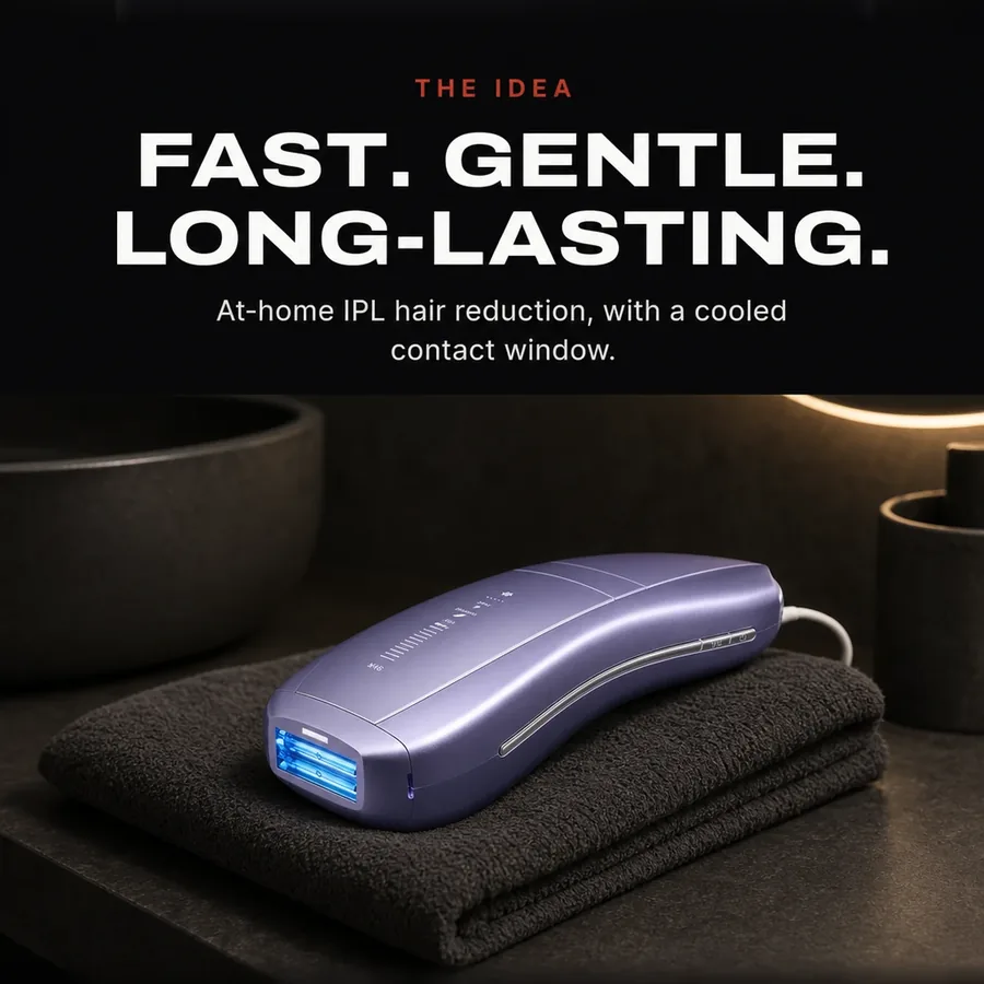 The idea: fast, gentle, long-lasting hair reduction at home, with a cooled contact window.