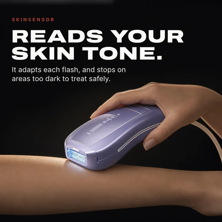 SkinSensor: it reads your skin tone, adapts every flash, and stops flashing on areas too dark to treat safely.