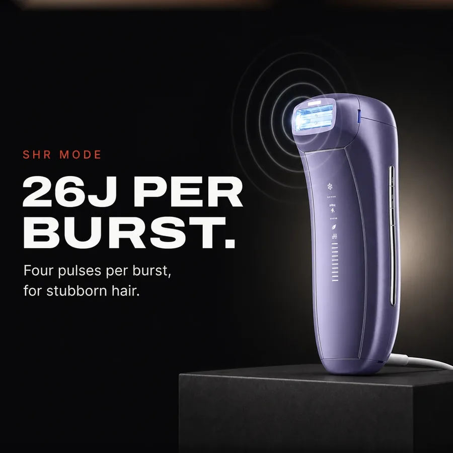 SHR mode: 26J per four-pulse burst, for stubborn hair on the underarms, chest, beard area and bikini line.