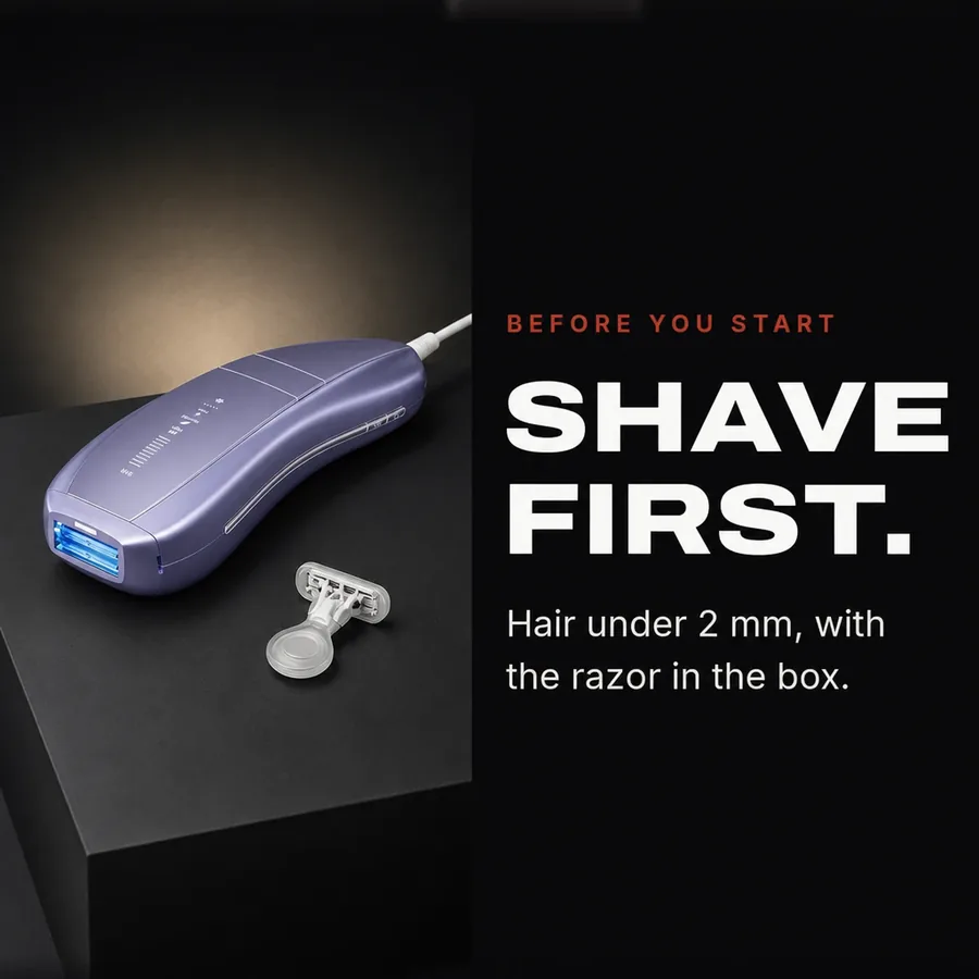 Before you start: shave first, to under 2 mm, with the razor in the box, so the light reaches the root.
