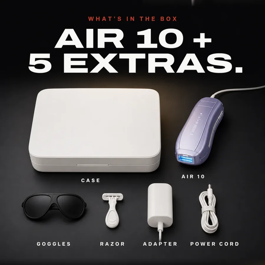 What's in the box: the Air 10, a case, IPL goggles, a razor, an adapter and a power cord.