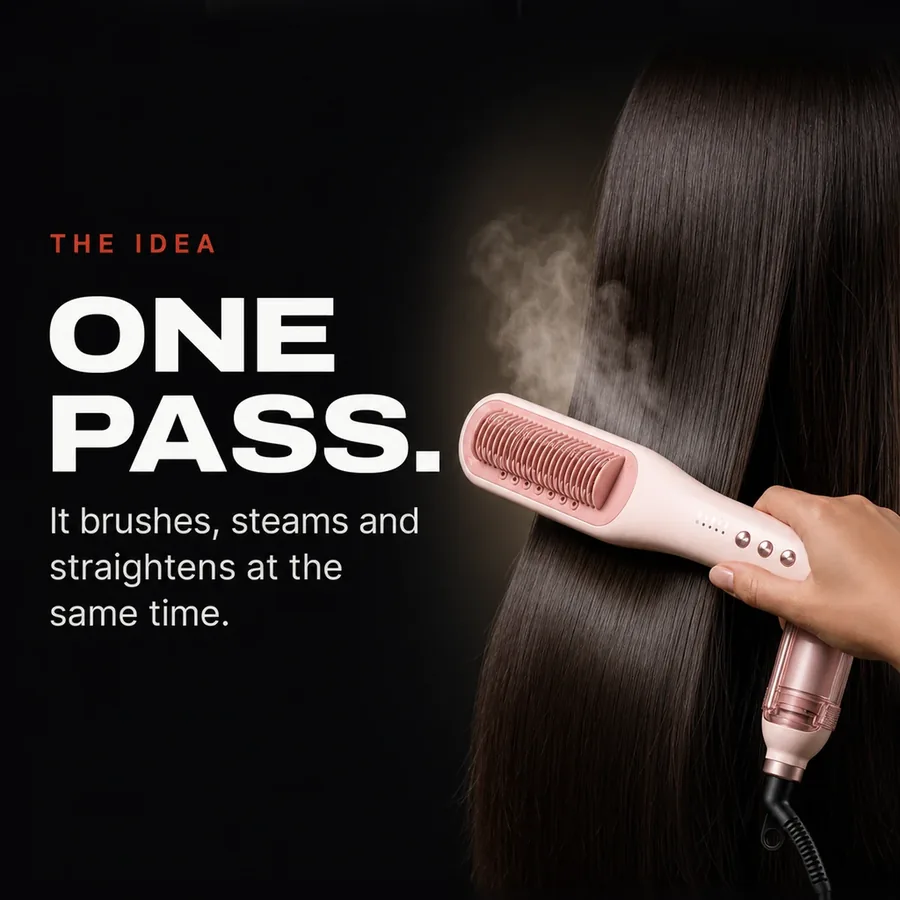The idea: one pass. It brushes, steams and straightens at the same time.