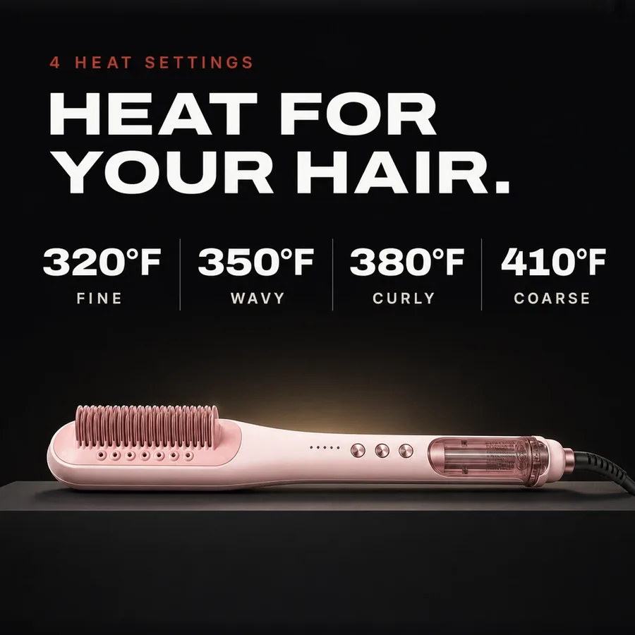 4 heat settings: 320°F for fine, 350°F for wavy, 380°F for curly and 410°F for coarse hair.