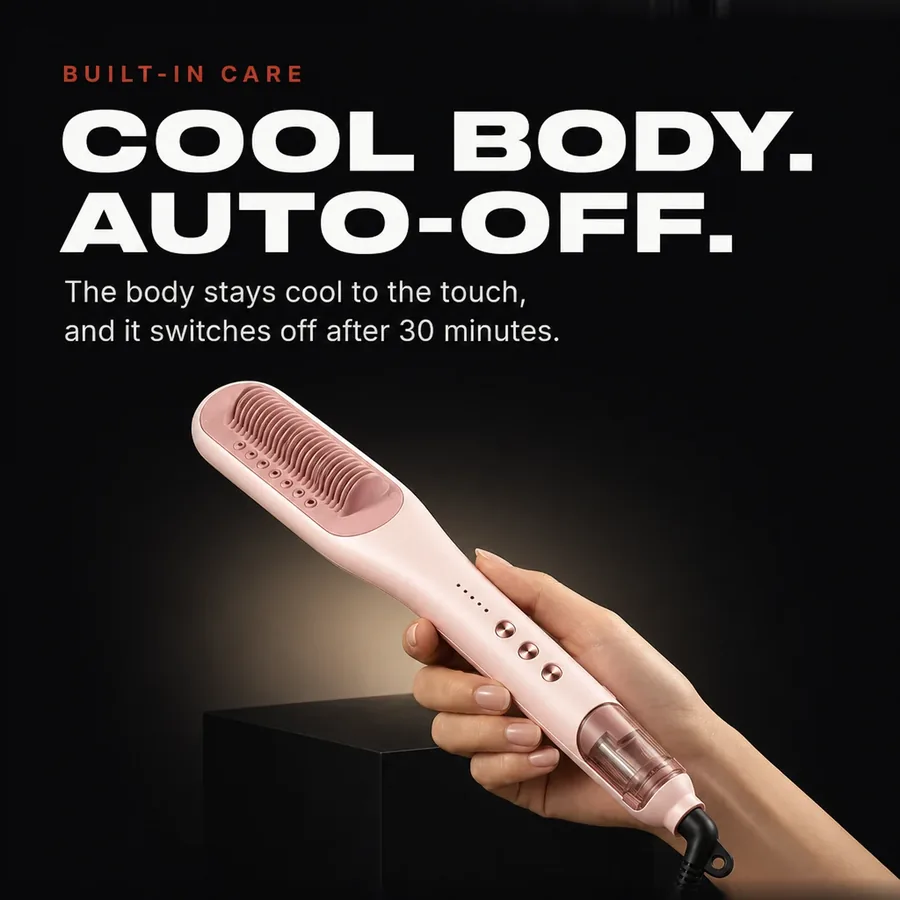 Built-in care: the body stays cool to the touch, and the brush switches itself off after 30 minutes.