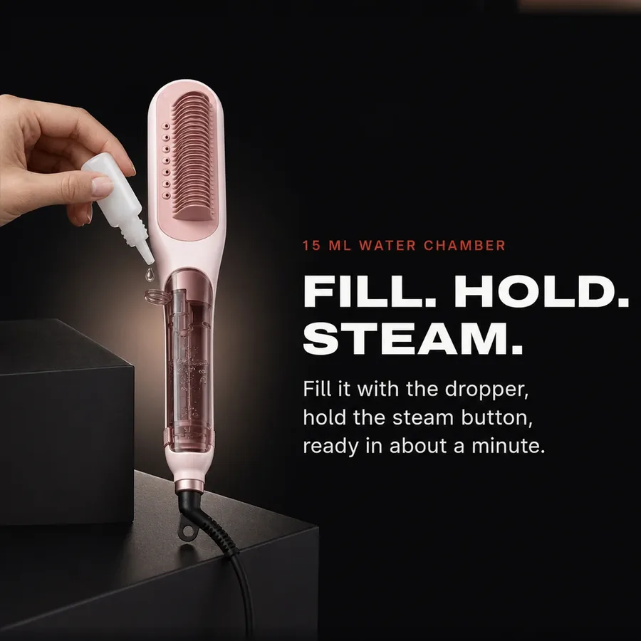 15 ml water chamber: fill it with the dropper, hold the steam button, and steam starts in about a minute.