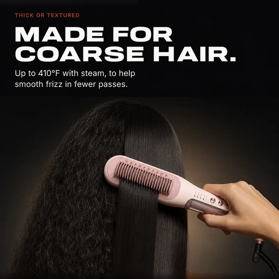 Thick or textured hair: up to 410°F with steam, to help smooth frizz in fewer passes.