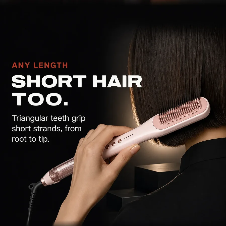 Any length: the triangular teeth grip short strands, from root to tip.