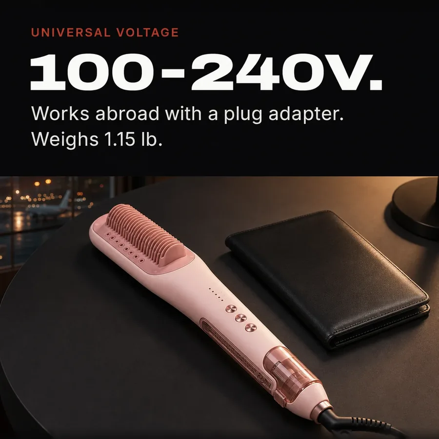 Universal voltage: 100-240V, works abroad with a plug adapter, and weighs 1.15 lb.