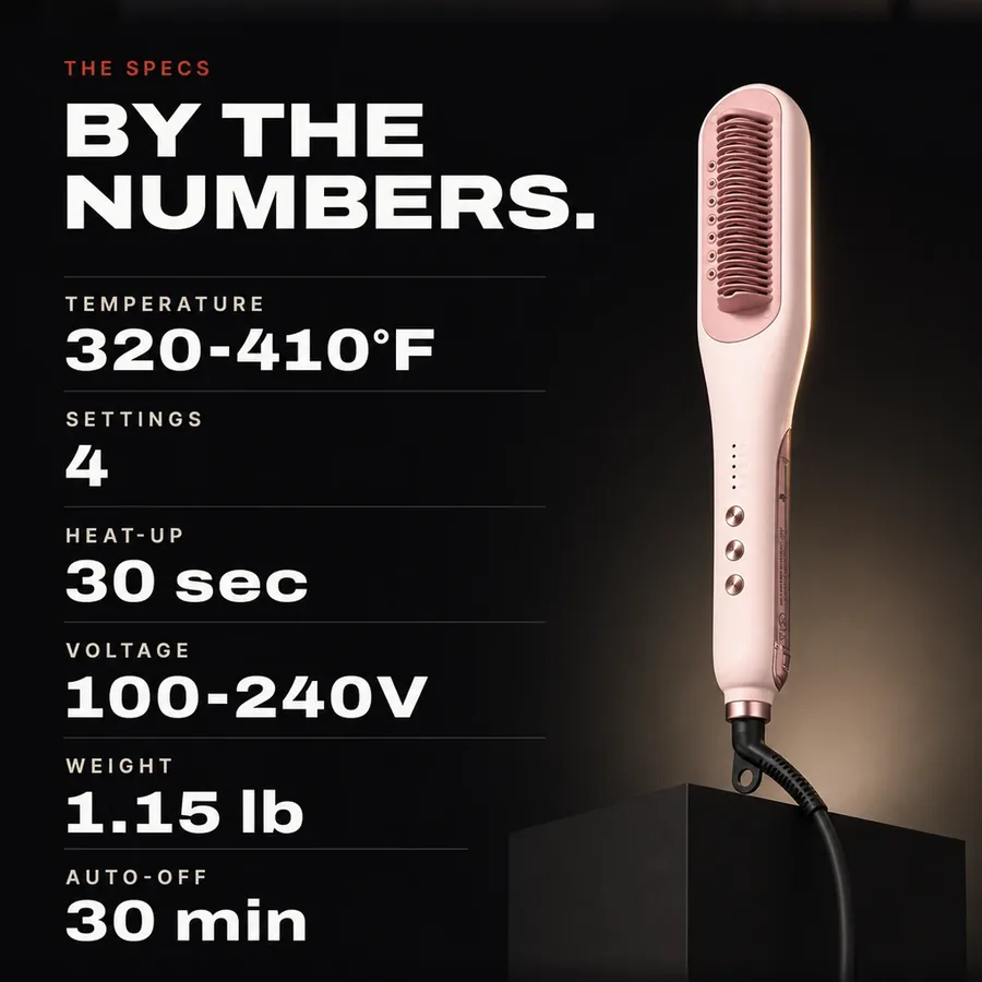 The specs: 320-410°F, 4 settings, 30-second heat-up, 100-240V, 1.15 lb, 30-minute auto-off.