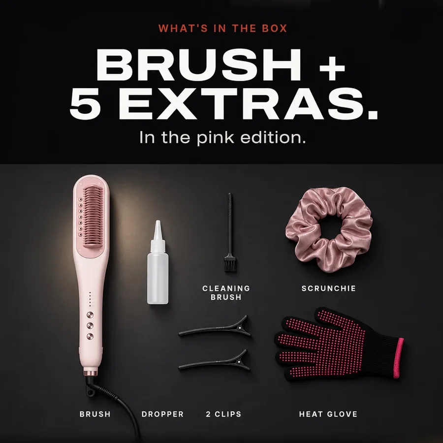 What's in the box: the brush, water dropper, cleaning brush, scrunchie, two hair clips and a heat-resistant glove.
